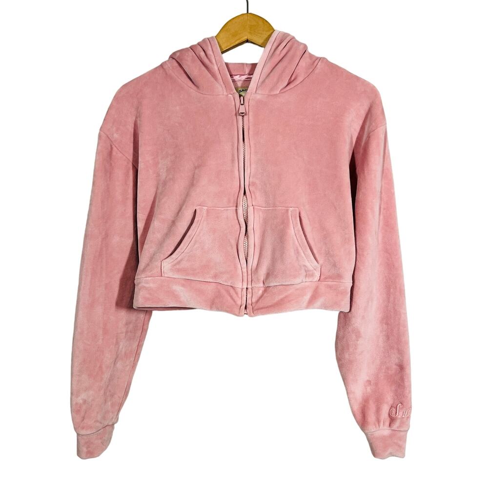 Sacre Crop Velour Track Jacket Dusty Rose Long Sleeve Full Zip Hoodie - S